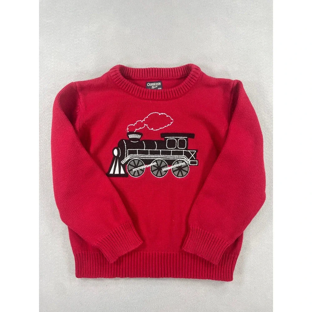 OshKosh B'gosh Boys Red Cotton Knit Sweater Red Size 6 Steam Engine Pullover